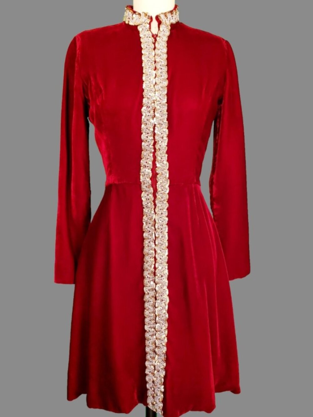 Vintage 1960s Ruby Red Velvet Sequin Trim Mini Dress